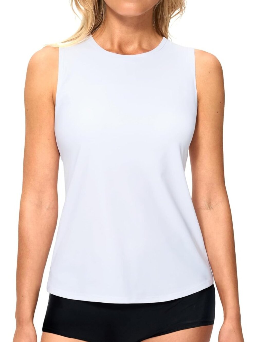 Women's White High Neck Tanking Tops Modest Swim Shirts with Bra Bathing Suit